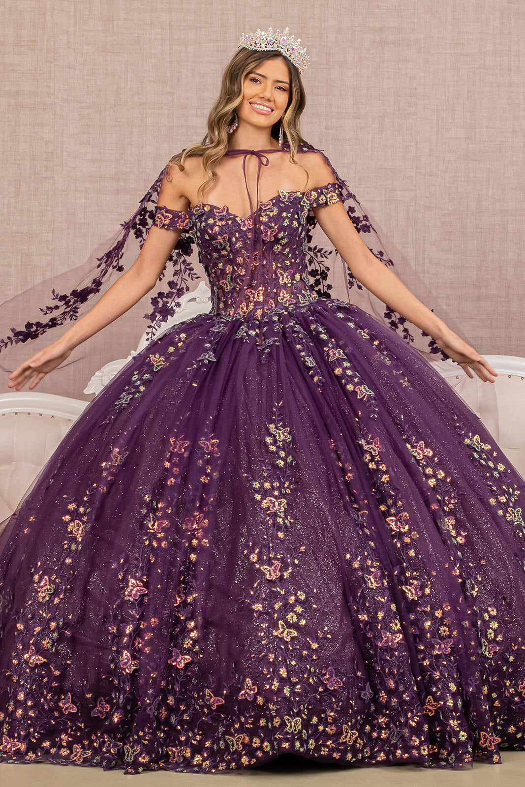 3D Butterfly Sheer Bodice w/ Long Mesh Cape Quinceanera Dress GLGL3171-0
